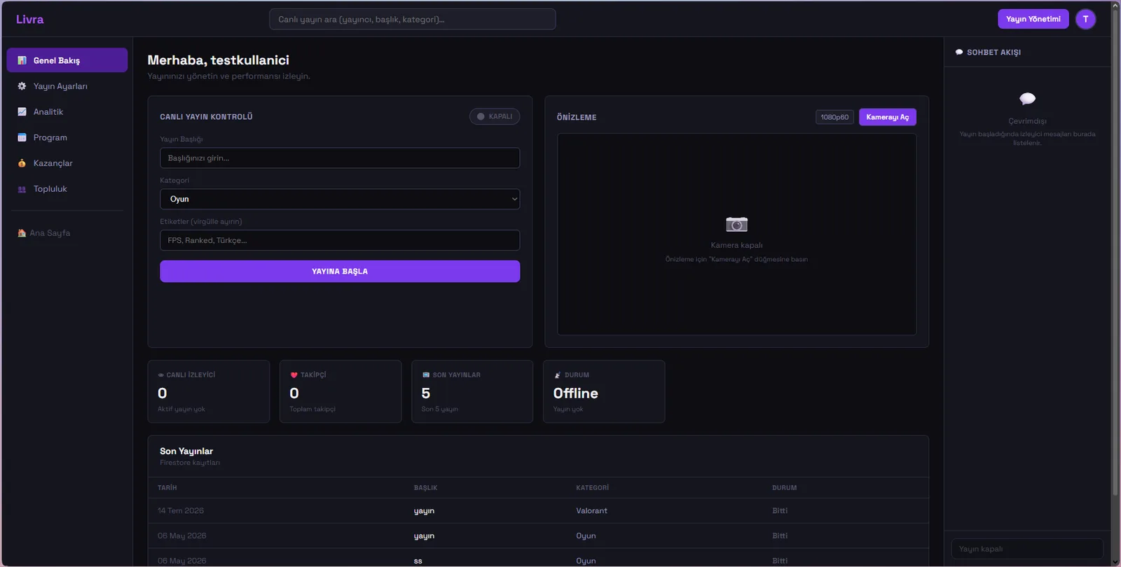 Livra yayıncı paneli: canlı yayın kontrolleri, kamera önizlemesi, yayın istatistikleri ve sohbet akışı